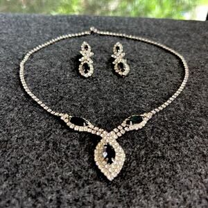 Mid-Century Clear Rhinestone and Black Stone Drop Necklace and Earrings Set